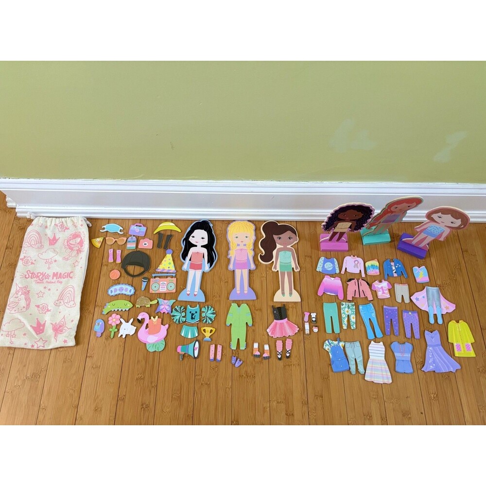 Story Magic Magnetic Wooden Dress Up Dolls Set 6 Dolls 62 Accessories